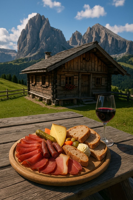 Traditionelle Südtiroler Brettl-Marende Traditionelle Südtiroler Brettl-Marende mit Speck, Käse, Kaminwurzen und Bauernbrot auf einem Holztisch vor einer urigen Almhütte in den Dolomiten bei Sonnenschein. Bild wurde KI generiert.
