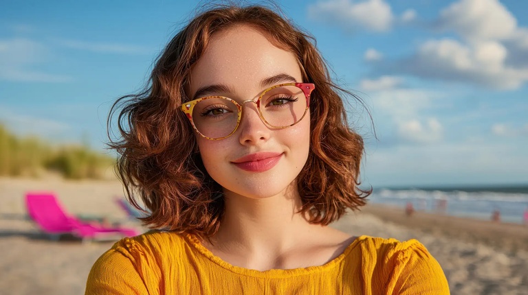 Jugendliche Frau mit lockigem Haar und Brille am Strand, lächelt fröhlich Jugendliche Frau mit lockigem Haar und Brille am Strand, lächelt fröhlich